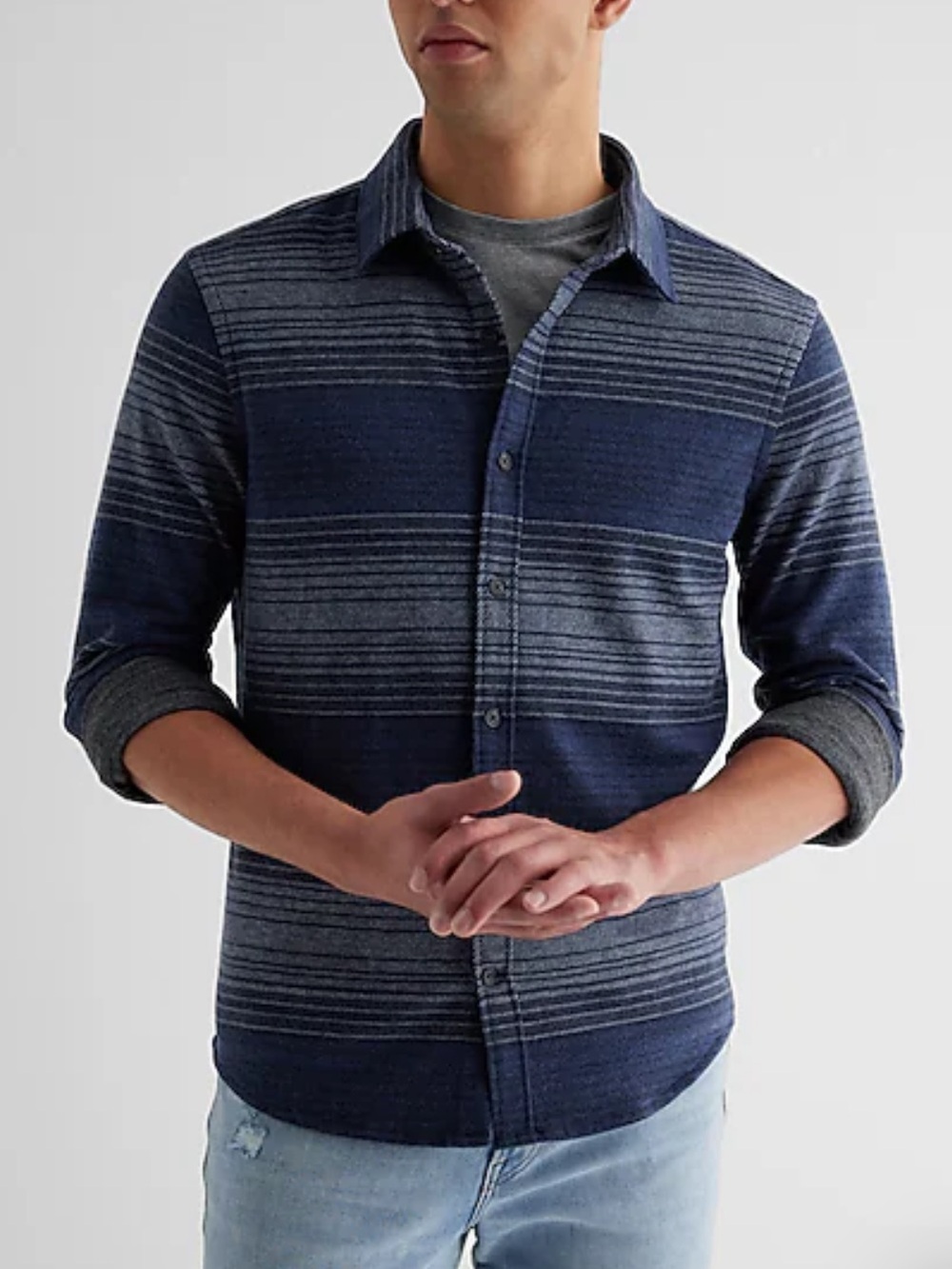 Express Men’s Blue Black Striped Sweater Flannel Shirt Shacket Extra Large XL